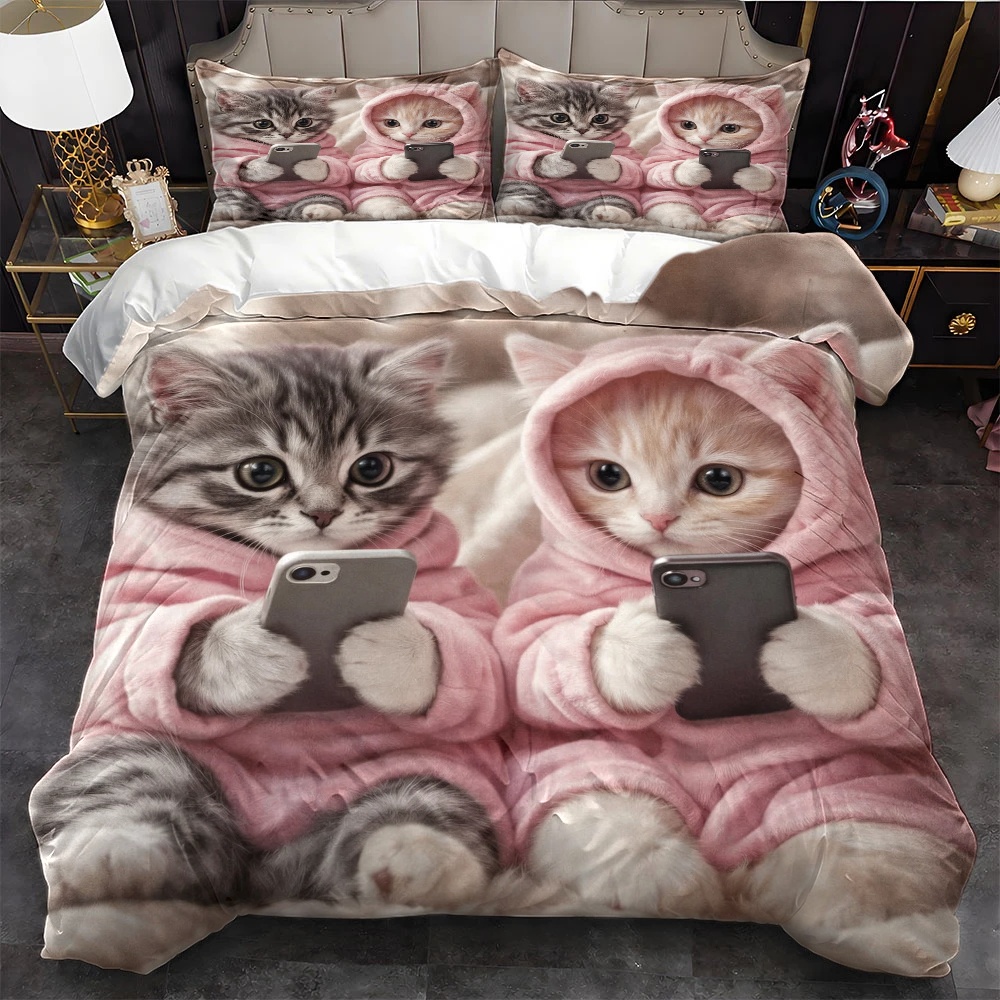 Duvet Cover Sets With Zipper - 3 Parça Sevimli Kedi Telefonla Oynayan