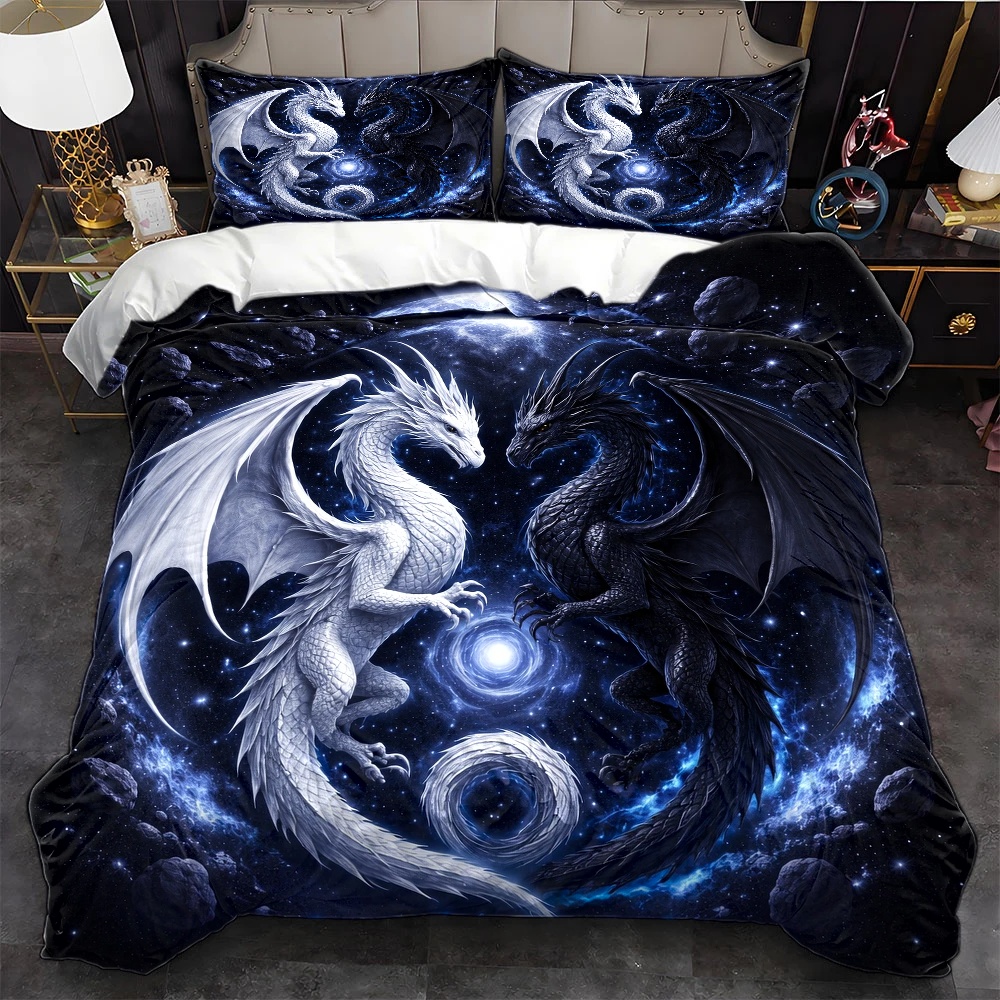 Duvet Cover Sets With Zipper - 3 Parçalı Yıldızlı Gökyüzü Ejderha Desenli