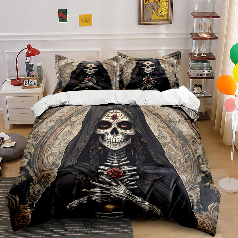 Duvet Cover Sets With Zipper - Koyu Ölüm Azizi ve Gül Desenli